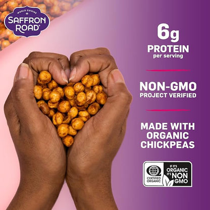 Saffron Road Roasted and Crunchy Bombay Spice Chickpeas | High Protein Snacks | Gluten-free, Vegan, Non-GMO, and Certified Halal and Kosher | 5.4oz Pouch | Pack of 6