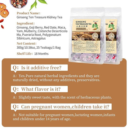 25Pcs Ginseng Ten Treasures Tea, Chinese Traditional Kidney Care Herbal Tea, Natural Kidney Cleanse Detox Tea for Women & Men, 10 Precious Ingredients Formula(25Bags, 300g)