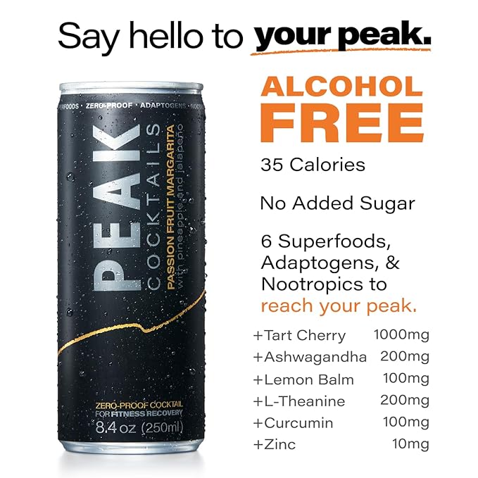Peak Cocktails Non-Alcoholic Cocktail | Mixologist-made | Adaptogens, Nootropics, Superfoods for Recovery, Calm, Sleep | Ashwagandha, Tart Cherry, L-Theanine | Passion Fruit Margarita | 8.4oz, 24-Pack