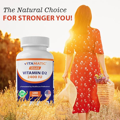 Vitamatic Vitamin D2 60 mcg (2400 IU) - Ergocalciferol - 180 Vegetarian Tablets (180 Tablets (Pack of 1)) (2 Bottles)