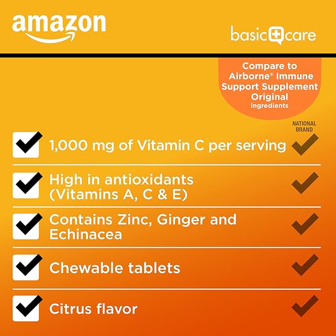 Amazon Basic Care Immune Support Citrus Chew Tablets, 32 Count (Pack of 2)