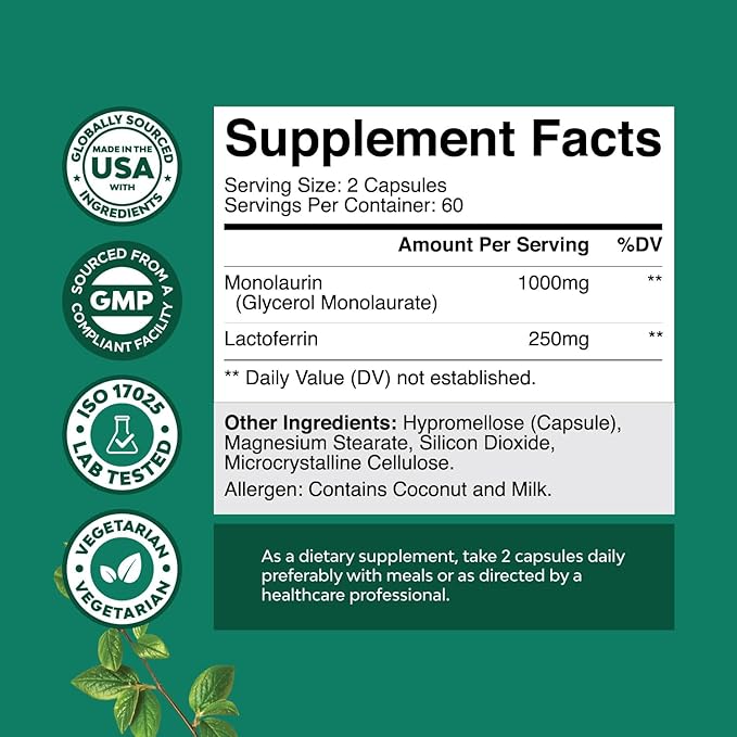 Natures Craft High Strength Lactoferrin & Monolaurin Supplement - Microbiome Digestive Health Immune Support Supplement - 250mg Lactoferrin and Monolaurin 1000mg Capsules - Vegetarian (60 Servings)