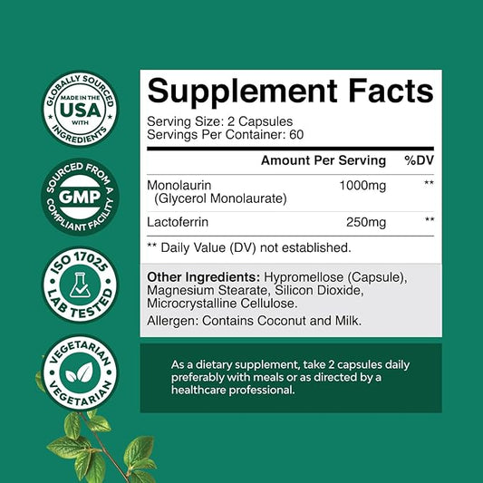 Natures Craft High Strength Lactoferrin & Monolaurin Supplement - Microbiome Digestive Health Immune Support Supplement - 250mg Lactoferrin and Monolaurin 1000mg Capsules - Vegetarian (60 Servings)