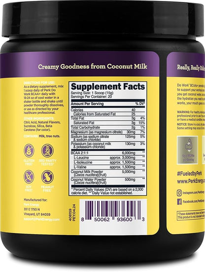 Perk BCAAs + Hydration Electrolytes Powder (Lemon Tart Flavored, 20 Servings) - with Coconut Water and Coconut Milk