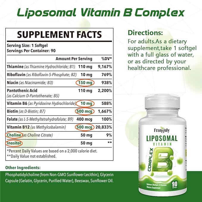 Active B Complex Liposomal B Vitamins with Choline Inositol, 90 Softgels B1, B2, B3, B5, B6, Biotin, Folate, B12 Methylcobalamin- Immune, Energy, Brain and Heart Support-2 Bottles