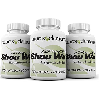 Natures Elements Advanced Shou Wu for Gray Hair – Prepared He Shou Wu for Hair Growth with Biotin, Bioperine, Fo-Ti Root & More – 100% Natural – 60 Tablets – Pack of 3 - Non-GMO, Gluten-Free