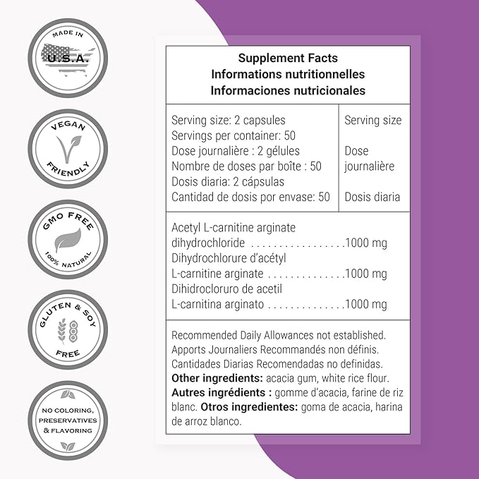 Supersmart - Acetyl L Carnitine Arginate 1000 mg Per Day - Amino Acids - Popular Brain Supplement | Non-GMO & Gluten Free - 120 Vegetarian Capsules