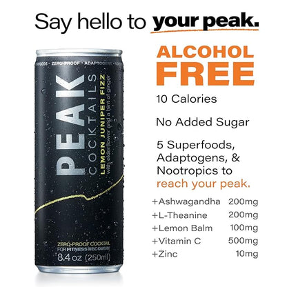 Peak Cocktails Non-Alcoholic Cocktail | Adaptogens, Nootropics, Superfoods for Recovery, Calm, Sleep | Ashwagandha, Tart Cherry, L-Theanine | Mixologist-crafted | Lemon Juniper Fizz | 8.4 oz, 24-Pack