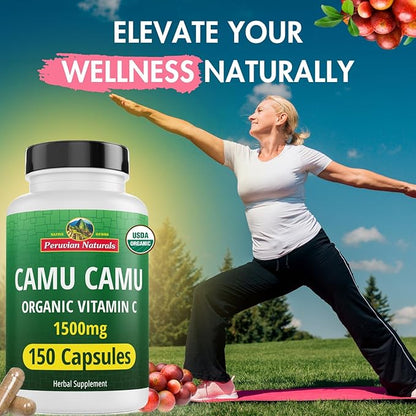 Peruvian Naturals Organic Vitamin C from Camu Camu Capsules 1,500mg - 300 Vegan Pills, Natural Vitamin C from Whole Food Camu Berry Organic, Non-GMO