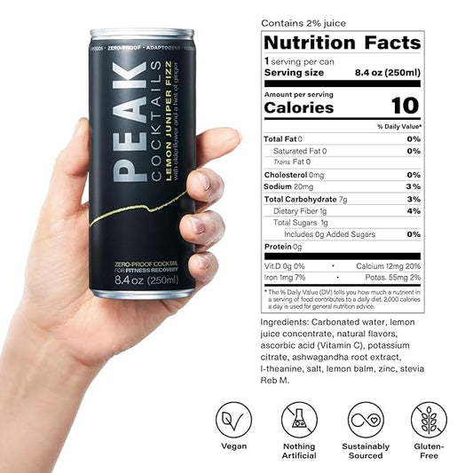 Peak Cocktails Non-Alcoholic Cocktail | Adaptogens, Nootropics, Superfoods for Recovery, Calm, Sleep | Ashwagandha, Tart Cherry, L-Theanine | Mixologist-crafted | Lemon Juniper Fizz | 8.4 oz, 12-Pack