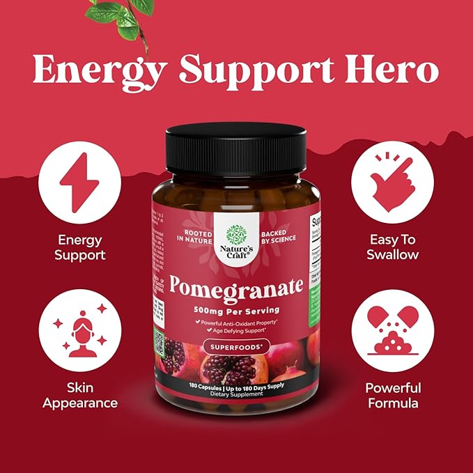 Advanced Antioxidant Superfood Pomegranate Supplement - Natural Pomegranate Extract Polyphenols Supplement for Heart Health and Joint Support - Reds Superfood Powder Capsules for Men and Women 180ct