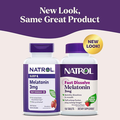 Natrol Fast Dissolve Melatonin 3 mg, Melatonin Supplements for Restful Sleep, Sleep Support for Adults, 150 Strawberry-Flavored Tablets, Up to a 150 Day Supply