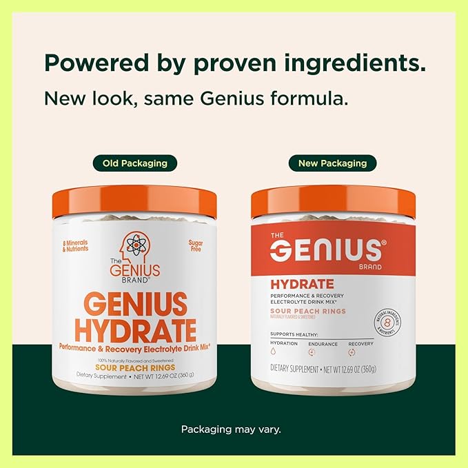 The Genius Brand Genius Hydrate - Electrolyte Supplement for Daily Hydration - Coconut Water - Sugar-Free - 8 Essential Minerals & Nutrients - Non-GMO - Sour Peach Rings - 50 Servings