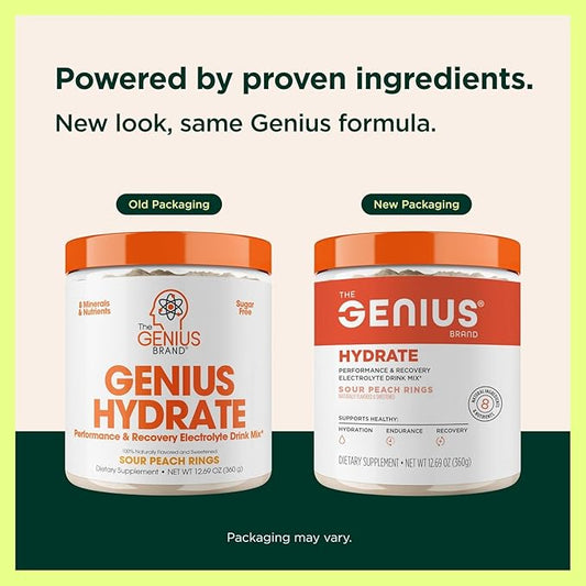 The Genius Brand Genius Hydrate - Electrolyte Supplement for Daily Hydration - Coconut Water - Sugar-Free - 8 Essential Minerals & Nutrients - Non-GMO - Sour Peach Rings - 50 Servings