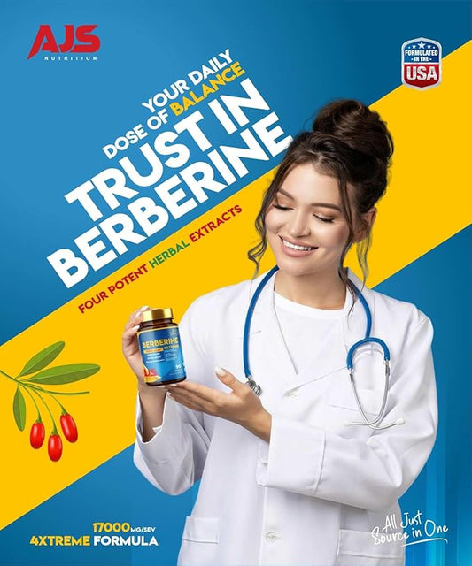 AJS Berberine Supplement with Ceylon Cinnamon & Ginkgo Biloba - Blood Sugar Support Supplement, High Potency Berberine HCl 400mg + Bitter Melon Extract, 90 Capsules, 45 Days Supply