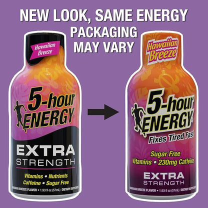 5-hour ENERGY Extra Strength Hawaiian Breeze Energy Shot 1.93oz, 20-Pack – Sugar Free Caffeine Energy Booster with B-Vitamins & Amino Acids – Zero Calorie