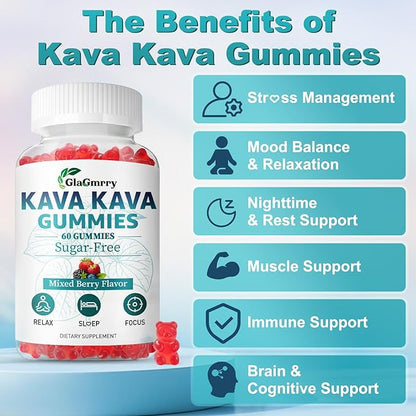 2 Pack Kava Kava Gummies 500mg, Calm Gummies for Relax, Calm, Focus & Sl♡ep, Kava Kava Root Extract Alternative to Kava Powder Capsules, Melatonin-Free, Sugar Free, Vegan, Mixed Berry Flavor, 120 Ct