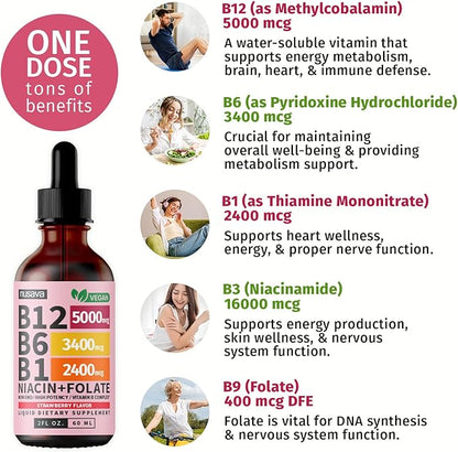 (4 Pack) Vitamin B12 and B6 Liquid Drops, B12 Sublingual Vitamin B Complex - B 12 Vitamin 5000mcg - B12 Methylcobalamin for Energy, Brain, and Heart Support with 27,200 mcg, Strawberry, 80 Servings