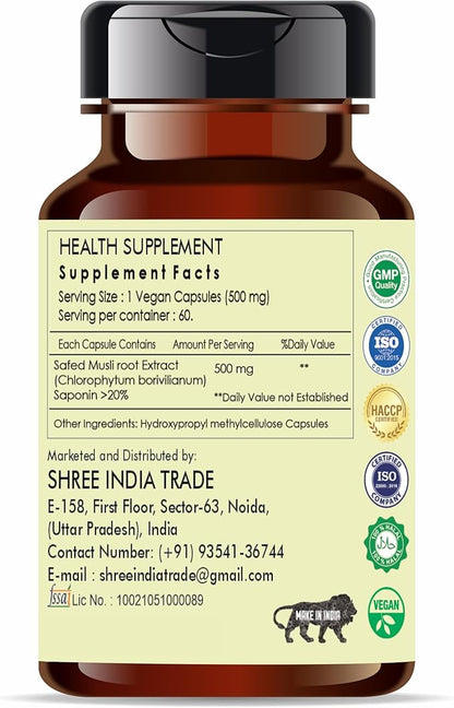 Safed Musli Extract 500mg - 60 Vegetarian Capsules | Chlorophytum Borivillianum | All Natural | 100% Vegan | Gluten-Free | GMP Certified.