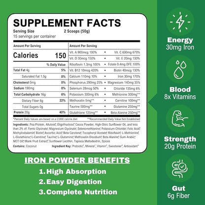 Smart Eats - Iron Powder | Highly Absorbed | Avoids Side Effects | Complete Nutrition: Protein, Vitamins, Fiber, Antioxidants | Makes Tasty Drinks & Shakes | Vegan | Chocolate Flavor | 30 Scoops