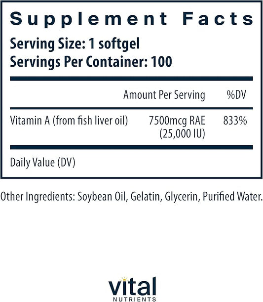 Vital Nutrients Vitamin A 7500mcg RAE | Vitamin A Supplement for Immune Function, Vision, Skin, and Cellular Health | Gluten, Dairy, Soy Free | Non-GMO | 100 Capsules