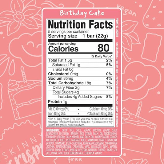 Skinny Crispy Birthday Cake Rice Treats – Low Sugar (4g), Vegan, Gluten-Free, Dairy-Free, Non-GMO, Top 9 Allergen-Free, Healthy Snack Bars, 15 Count