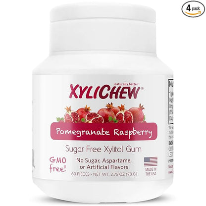 Xylichew 100% Xylitol Chewing Gum - Non GMO, Non Aspartame, Gluten Free, and Sugar Free Gum - Natural Oral Care, Relieves Bad Breath and Dry Mouth - Pomegranate Raspberry, 240 Count