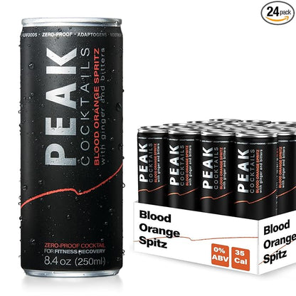 Peak Cocktails Non-Alcoholic Cocktail | Adaptogens, Nootropics, Superfoods for Recovery, Calm, Sleep | Ashwagandha, Tart Cherry, L-Theanine | Mixologist-crafted | Blood Orange Spritz | 8.4 oz, 24-Pack
