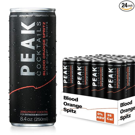 Peak Cocktails Non-Alcoholic Cocktail | Adaptogens, Nootropics, Superfoods for Recovery, Calm, Sleep | Ashwagandha, Tart Cherry, L-Theanine | Mixologist-crafted | Blood Orange Spritz | 8.4 oz, 24-Pack