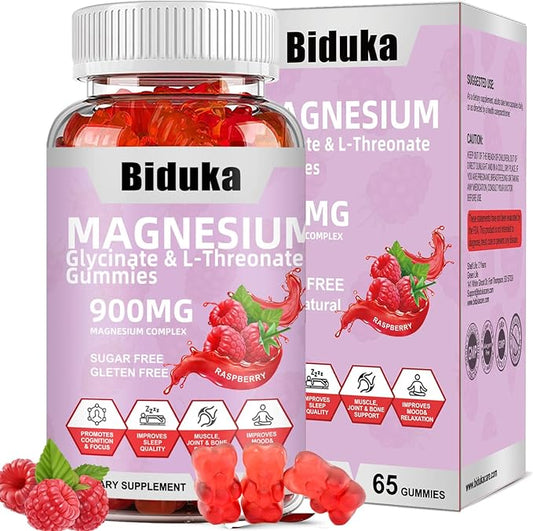 900mg Magnesium Complex 65 Raspberry Gummies, Sugar Free Magnesium Glycinate & L-Threonate Potassium Supplement with Vitamin D, B6, CoQ10 for Relaxation