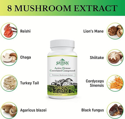 Active Hexose Correlated Compound 1500 mg Supplement, Natural 8 Mushroom Extract Supplement, Immune System, Liver Function, Natural Killer and T Cells Activity, 180 Veggie Capsules
