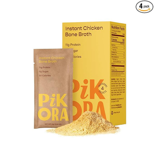 Pikora Chicken Bone Broth Instant Powdered Mix (1 Pack, 4 Servings) | High-Protein, Low-Sodium, Gluten-Free, Collagen-Rich, No Sugar, Keto & Paleo Friendly | 11g Protein, 50 Calories per Serving