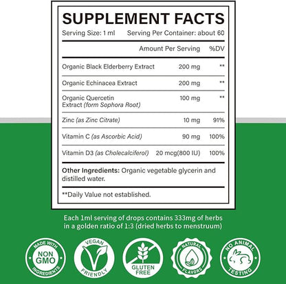 Zinc Quercetin Vitamin C D3 Liquid Immune Support with Organic Echinacea Elderberry, Immune Defense Drops Supplement for Adults- Vegan, Non-GMO, Gluten Free - 2 Fl Oz