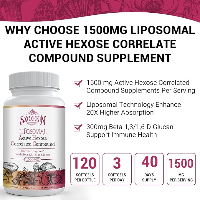 1500mg Liposomal Active Hexose Correlated Supplement,120 Soft Gels Beta-Glucans with Natural Mushroom Extract, Immune System, Liver Function, Maintain T-Cell & Killer Cell Activity