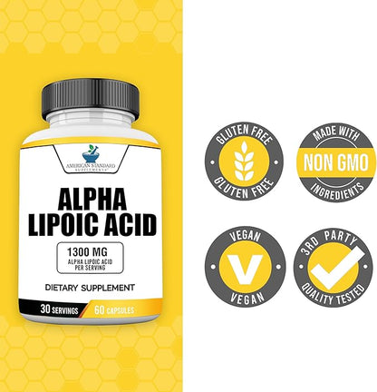 American Standard Supplements Alpha Lipoic Acid 1300mg Per Serving - Vegan, Gluten Free, Non-GMO, 60 Capsules, 30 Servings