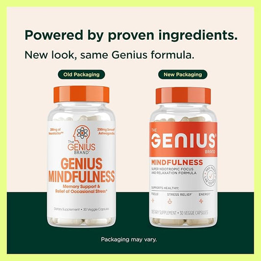 The Genius Brand Genius Mindfulness - Brain Health Supplement - Supports Healthy Mindsets - Calm, Energy, Memory & Focus Support - Ashwagandha, NeuroFactor & More - 30 Veggie Pills