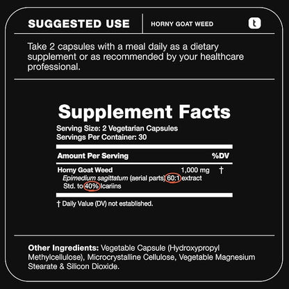 Super Strength Horny Goat Weed for Men & Women 60,000mg - Epimedium sagittatum - 40% Icariins - 60: 1 Concentrated Extract from 1000mg Formula - 3P tested - Premium hornygoatweed for Men - 60 Caps