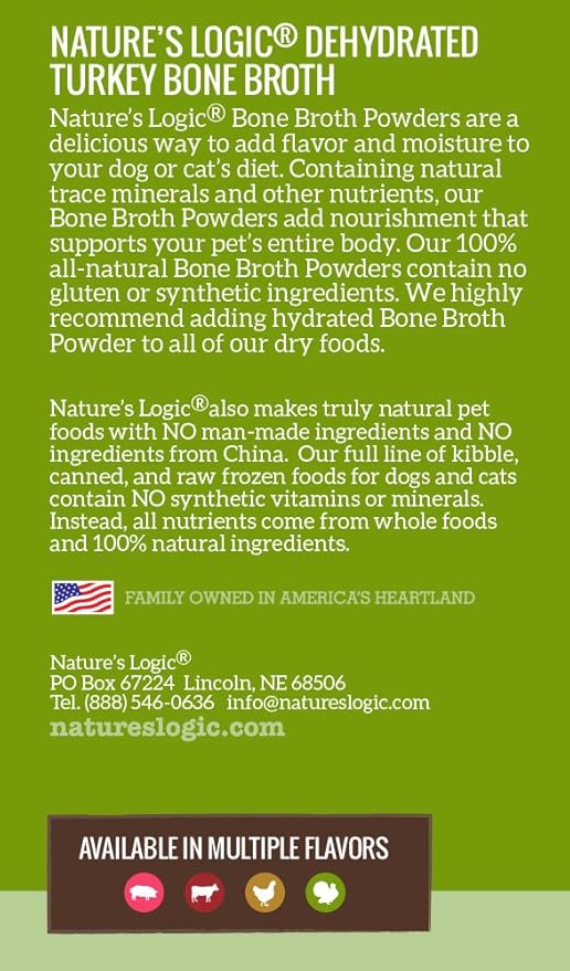 Nature's Logic Dehydrated Bone Broth Powder - 100% Natural Dog & Cat Topper - Rich in Glucosamine & Chondroitin - Boosts Immune System - Gluten-Free, No Synthetic Ingredients - Turkey, 6oz