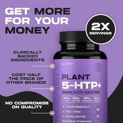 Organic Plant 5 HTP+ Supplement | Supports Memory, Mental Focus, Cognitive Health & Energy | Promotes Healthy Mood & Brain Function | Vitamin B6 & L Theanine | 120 Capsules