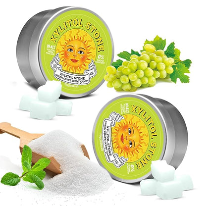 Xylitol Stone Sugar Free Candy - Vegan & Keto Friendly Unique Hard Candy Sugar-Free - 100% Natural Flavor Candies - Gluten Free & Non-GMO Breath Freshener Low Calorie Mints - Green Grape (Pack of 2)