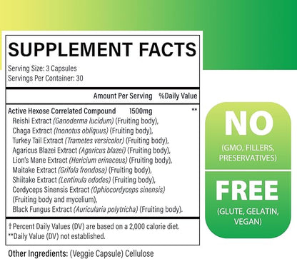 Active Hexose Correlated Compound 1500 mg Supplement, Natural 8 Mushroom Extract Supplement, Immune System, Liver Function, Natural Killer and T Cells Activity, 90 Veggie Capsules