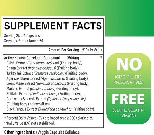 Active Hexose Correlated Compound 1500 mg Supplement, Natural 8 Mushroom Extract Supplement, Immune System, Liver Function, Natural Killer and T Cells Activity, 90 Veggie Capsules