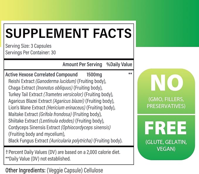 Active Hexose Correlated Compound 1500 mg Supplement, Natural 8 Mushroom Extract Supplement, Immune System, Liver Function, Natural Killer and T Cells Activity, 180 Veggie Capsules
