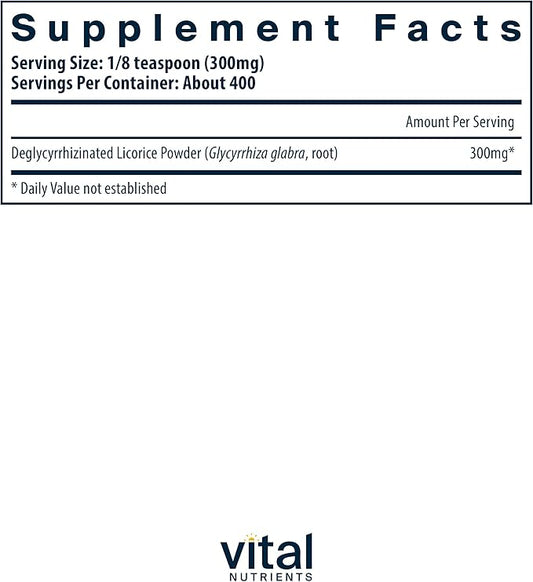 Vital Nutrients DGL Powder | Vegan DGL Licorice Root Extract to Support Healthy Stomach Lining and Digestive Tract* | Gluten, Dairy, Soy Free | Non-GMO | 120g