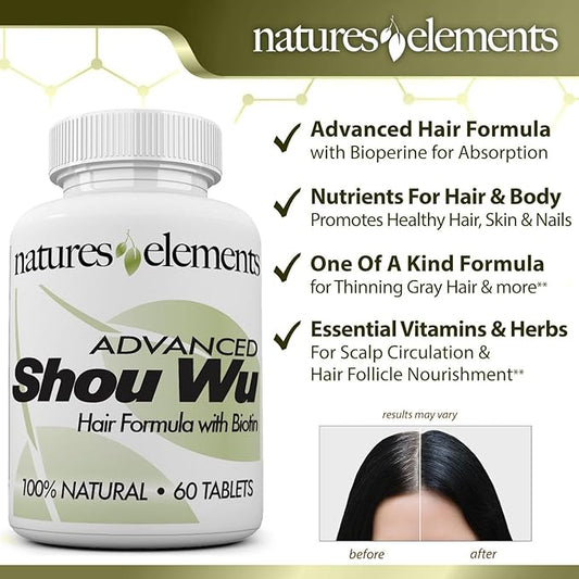 Natures Elements Advanced Shou Wu for Gray Hair – Prepared He Shou Wu for Hair Growth with Biotin, Bioperine, Fo-Ti Root & More – 100% Natural – 60 Tablets – Non-GMO, Gluten-Free
