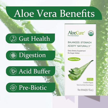 AloeCure USDA Organic Aloe Vera Juice Made Within 12 Hrs of Harvest - Pure Aloe Juice Natural Digestive Supplement to Support Digestion, Immune System and Balanced Stomach Acidity, 12 x 500ml Bottles
