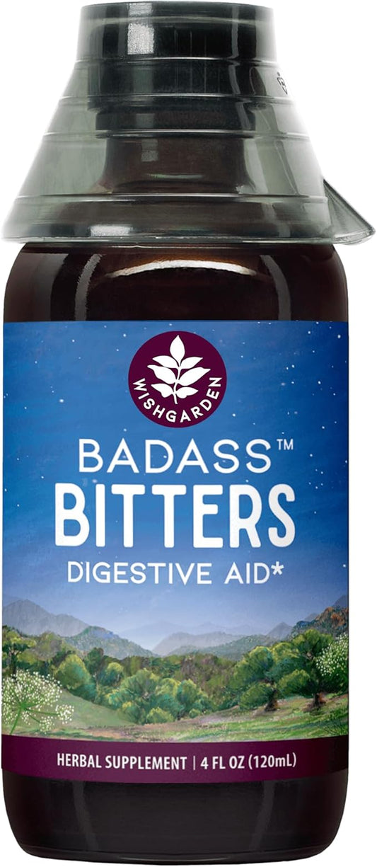 WishGarden Herbs Badass Bitters Digestive Aid - Plant-Based Digestive Supplement with Gentian Root, Orange Peel & Fenugreek Seed, Bitters for Digestion Stimulates Digestive Enzymes Function, 4oz