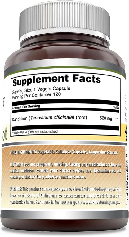 Amazing Formulas Dandelion Root (Taraxacum Officinale) Supplement | 520 Mg Per Serving | 120 Veggie Capsules | Non-GMO | Gluten-Free | Made in USA