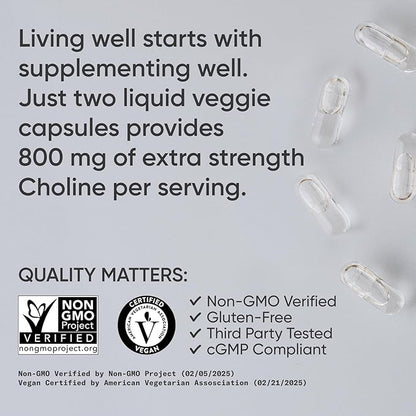 Sports Research® Extra Strength Choline 800 mg - Essential Nutrient Featuring VitaCholine® for Focus Support - Vegan Certified · Non-GMO · Gluten Free - 60 Liquid Capsules