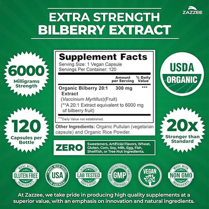 Zazzee USDA Organic Bilberry 20:1 Extract, 6000 mg Strength, 120 Vegan Capsules, 4 Month Supply, Standardized and Concentrated 20X Extract, 100% Vegetarian, All-Natural, Non-GMO, Made in The USA